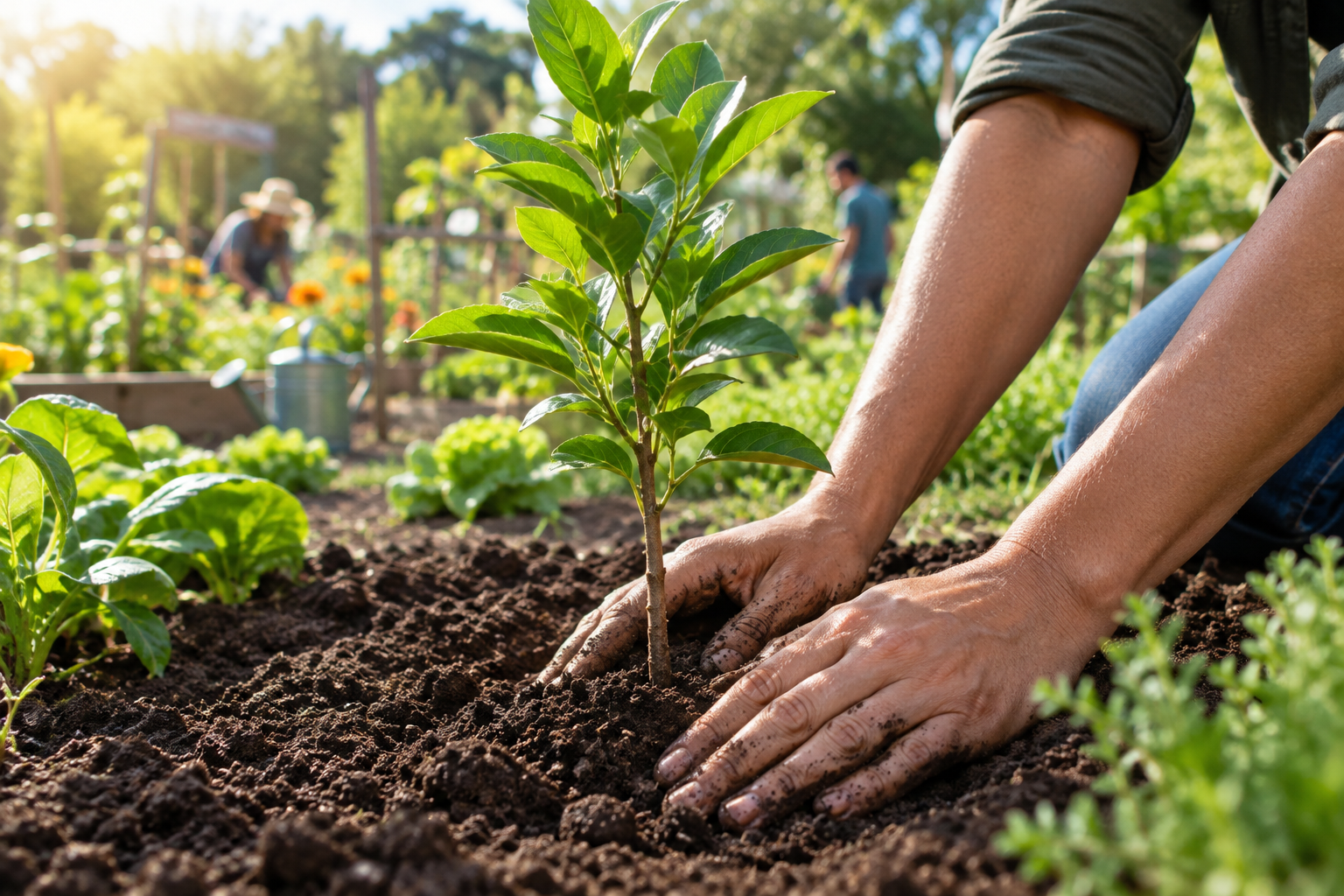 Hands planting a young tree in a green community garden