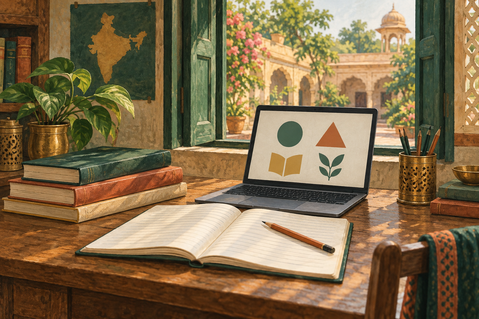 Illustration of books, a notebook, and a laptop in an Indian-inspired study space
